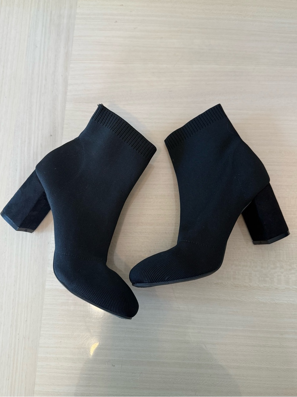 🖤 Black Ribbed Sockboot Almond-Toe Chunky Ankle Sock Boots 10